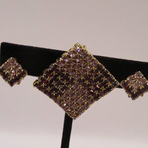 Champagne & Purple Rhinestone Brooch with Matching Clip Earrings